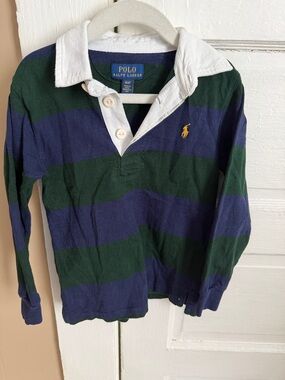 Polo by Ralph Lauren Green & Navy Striped Rugby Shirt with White Collar